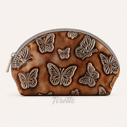 Cosmetiquera Verona de Toretto Cueros en cuero plateado con diseño Mariposa Visos, vista frontal