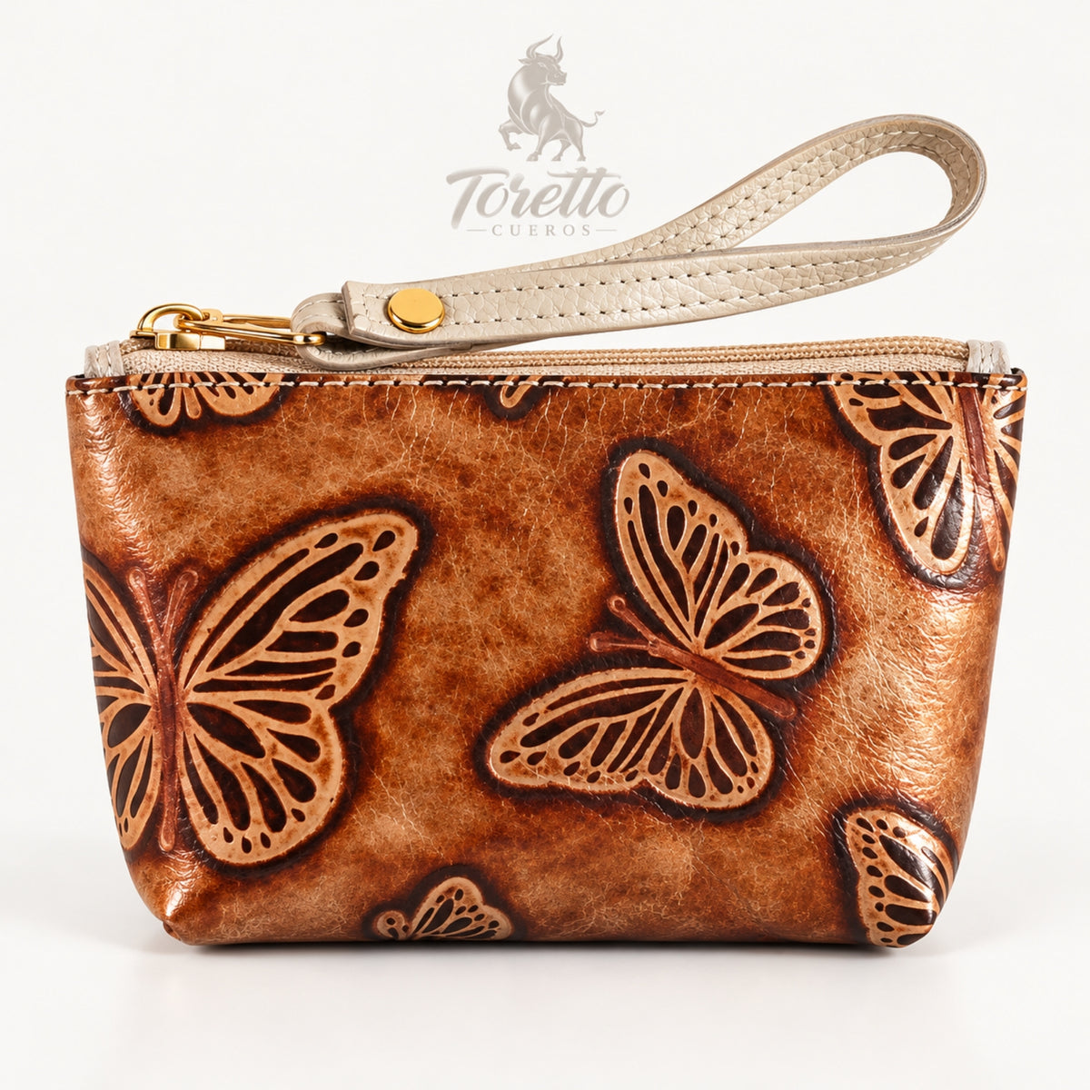 Monedero Lumbre de Toretto Cueros en cuero marfil con diseño Mariposa Visos, vista frontal