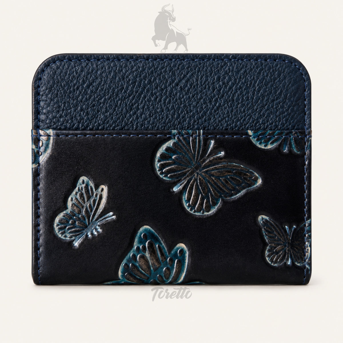 Tarjetero Siena de Toretto Cueros en cuero azul con diseño Mariposa Visos, vista frontal