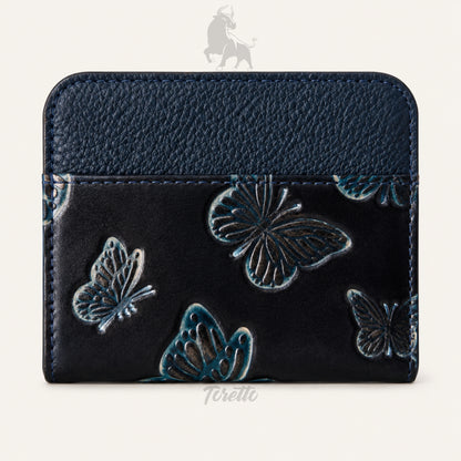Tarjetero Siena de Toretto Cueros en cuero azul con diseño Mariposa Visos, vista frontal