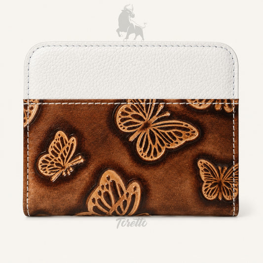Tarjetero Siena de Toretto Cueros en cuero blanco con diseño Mariposa Visos, vista frontal