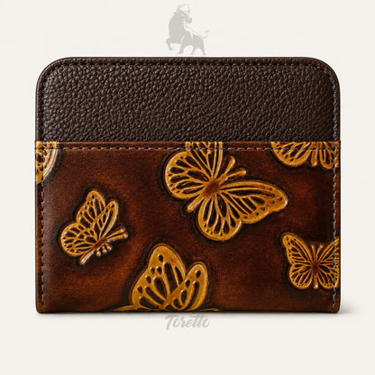 Tarjetero Siena de Toretto Cueros en cuero cafe con diseño Mariposa Visos, vista frontal