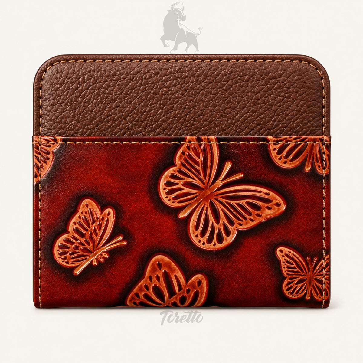Tarjetero Siena de Toretto Cueros en cuero conac con diseño Mariposa Visos, vista frontal