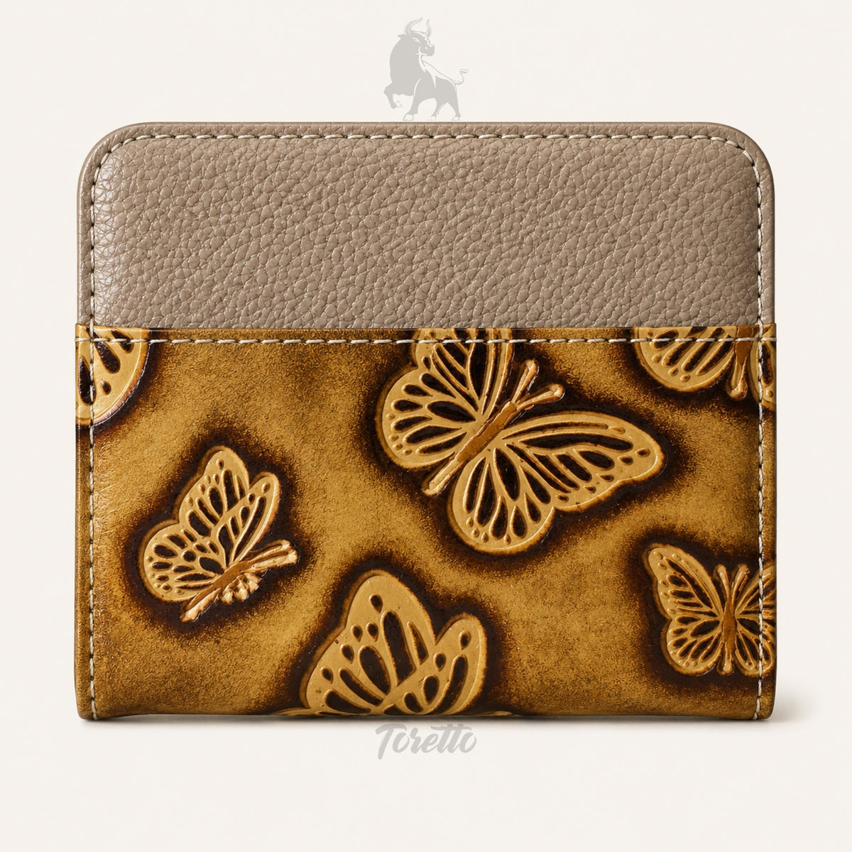 Tarjetero Siena de Toretto Cueros en cuero dorado con diseño Mariposa Visos, vista frontal