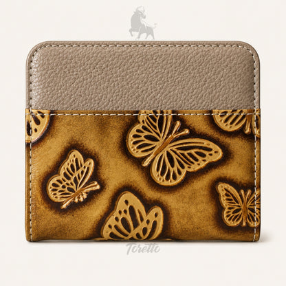Tarjetero Siena de Toretto Cueros en cuero dorado con diseño Mariposa Visos, vista frontal