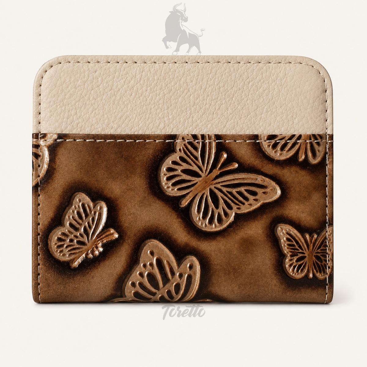 Tarjetero Siena de Toretto Cueros en cuero marfil con diseño Mariposa Visos, vista frontal