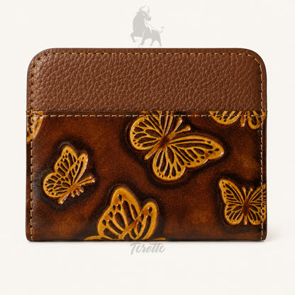 Tarjetero Siena de Toretto Cueros en cuero miel con diseño Mariposa Visos, vista frontal