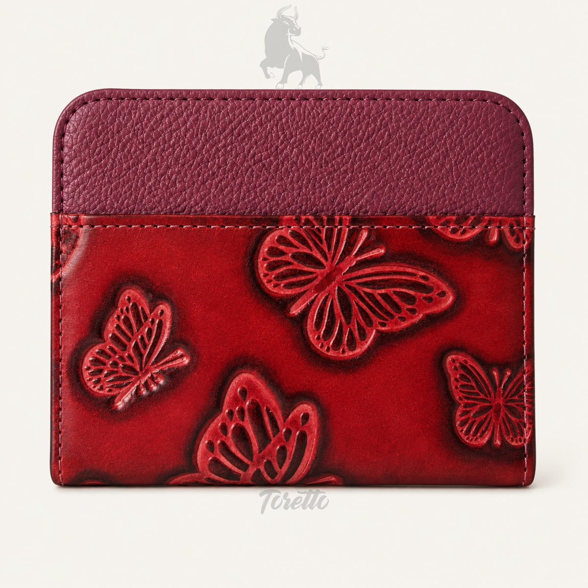 Tarjetero Siena de Toretto Cueros en cuero morada con diseño Mariposa Visos, vista frontal