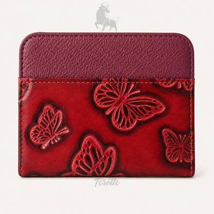 Tarjetero Siena de Toretto Cueros en cuero morada con diseño Mariposa Visos, vista frontal