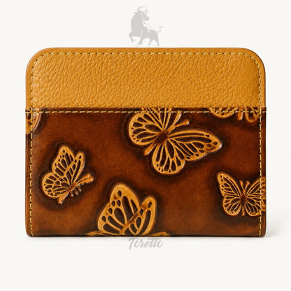 Tarjetero Siena de Toretto Cueros en cuero mostaza con diseño Mariposa Visos, vista frontal